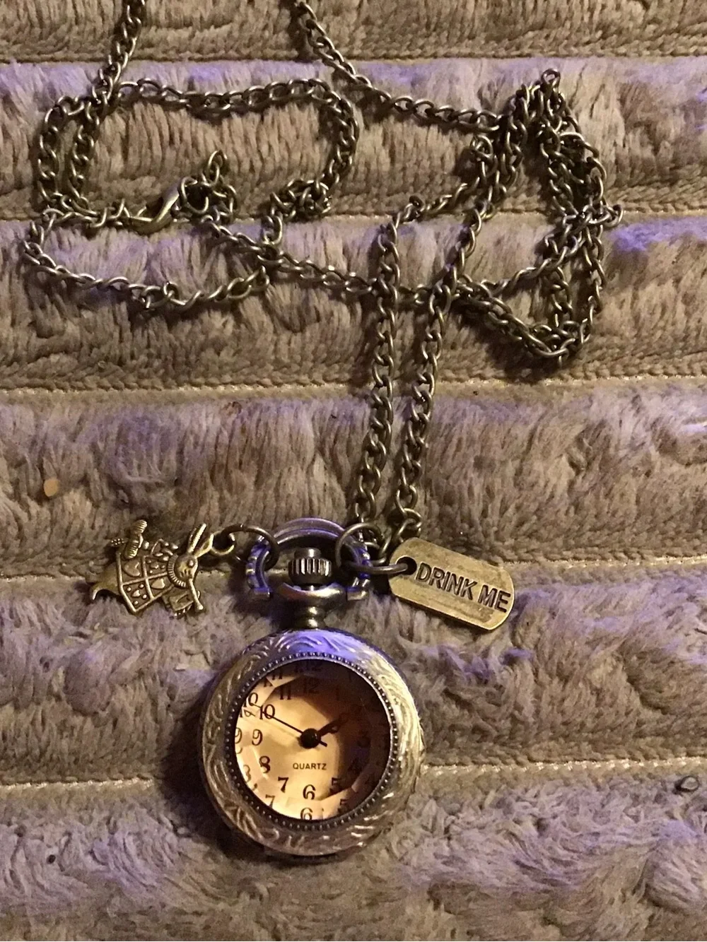Vintage-Style Silver Pocket Watch Necklace with 'Drink Me' Charm